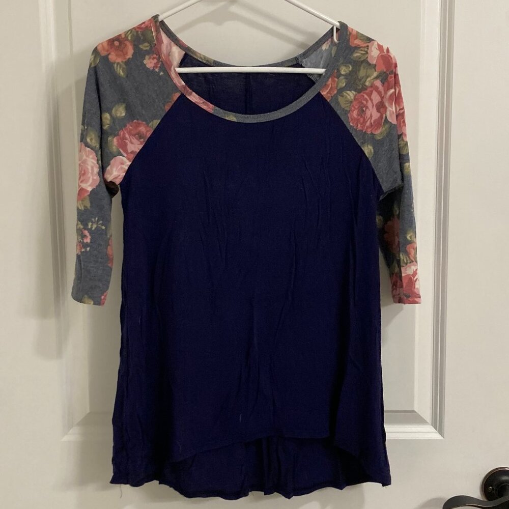 Navy Blue Floral Sleeve Three Quarter Sleeve Top